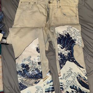 MNML Cream and Blue Wave Print Relaxed Jeans